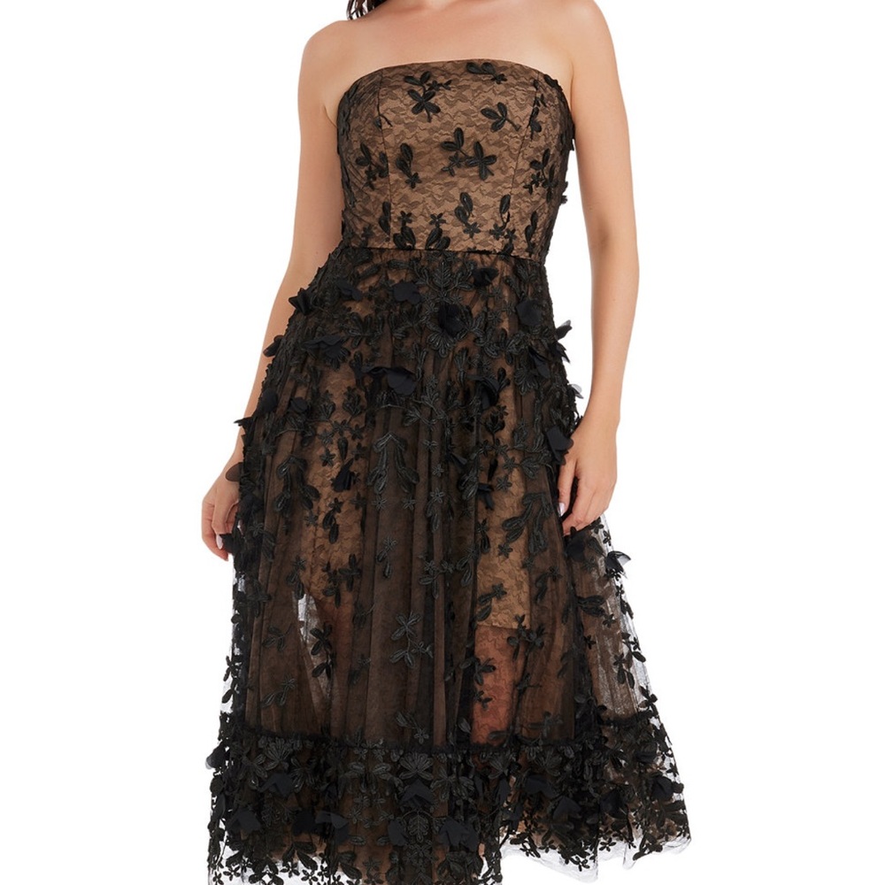 Dress the Population Black Strapless Floral Lace Tea-Length Dress